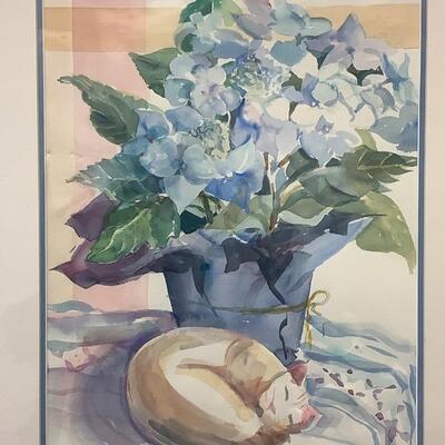 E - 197 Jean Ranney Smith Signed, Original Floral / Cat  Watercolor Painting “ Cat Nap “  1998