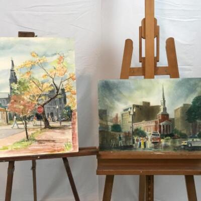 D - 211 Jean Ranney Smith Original Watercolor Paintings “Bus Stop” “Campus”