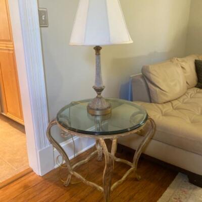 404: French Country Living Round Wrought Iron Glass Top Table and Lamp