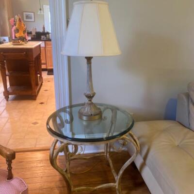 404: French Country Living Round Wrought Iron Glass Top Table and Lamp