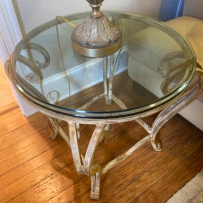 404: French Country Living Round Wrought Iron Glass Top Table and Lamp