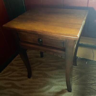 2 matching rustic end tables with metal pull