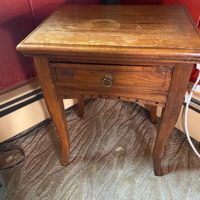 2 matching rustic end tables with metal pull