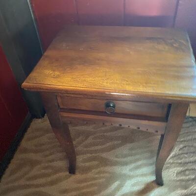 2 matching rustic end tables with metal pull
