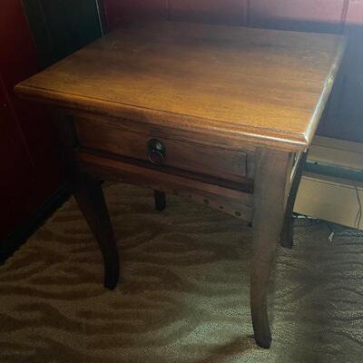 2 matching rustic end tables with metal pull