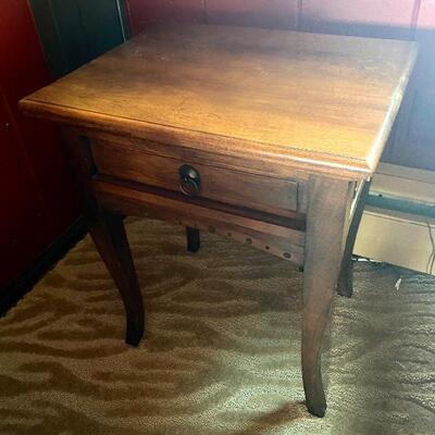 2 matching rustic end tables with metal pull