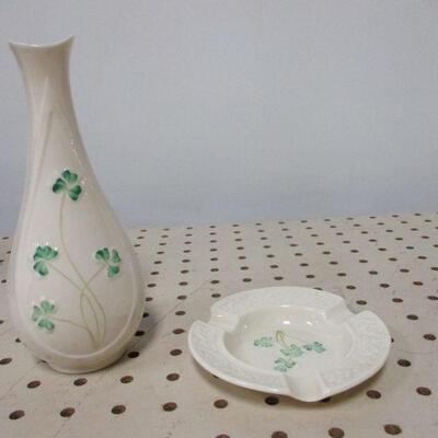 Lot 85 - Irish Belleek Shamrock Ashtray & Vase