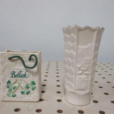 Lot 86 - Irish Belleek Shamrock Shopping Bag & Vase