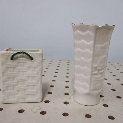 Lot 86 - Irish Belleek Shamrock Shopping Bag & Vase