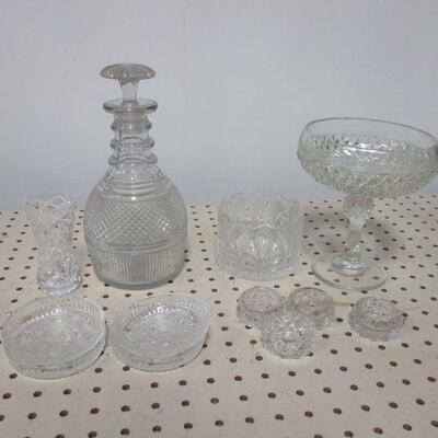 Lot 88 - Clear Crystal Glass Decanter & Candy Dishes