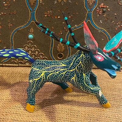 Oaxacan wood carved artist painted donkey by artist Martin Tilcajete