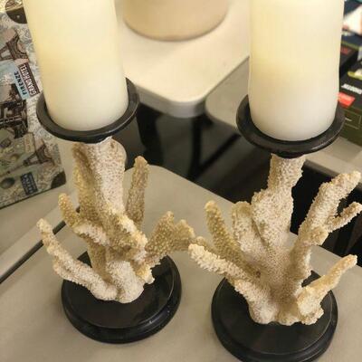 Lot 15 Pair of Coral Beach Candle Sticks w/ Candles