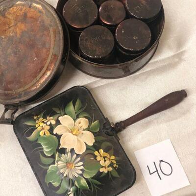 Lot 40 Antique Spice Tins & Hand painted Bed Warming Pan