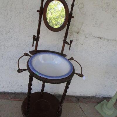 Lot 34 - Wood Wash Stand with Mirror and Porcelain Wash Basin