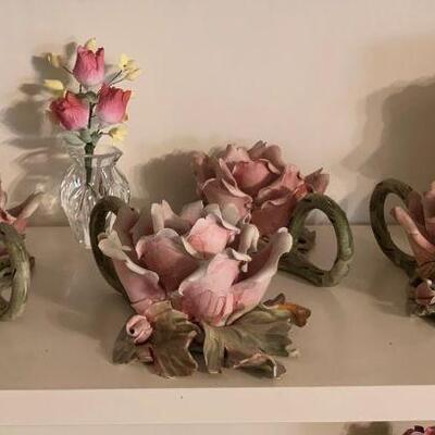 Set of Four Porcelain Rose Candleholders