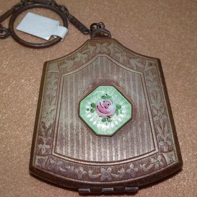 Silver Tone, Victorian Key Chain Compact Dance, Evening Compact, Enamel Top