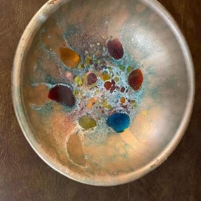 Mid-century modern enamel on the copper rolled edge wall art or dish
