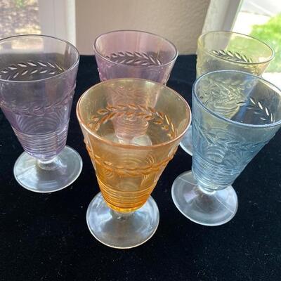 Set of 5 colored cut glass cordials 