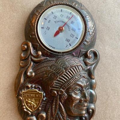 Cheyenne Wyoming vintage Indian metal thermometer 