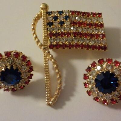 Hi Fashion Costume jewelry American Flag pin and clip on ear rings.