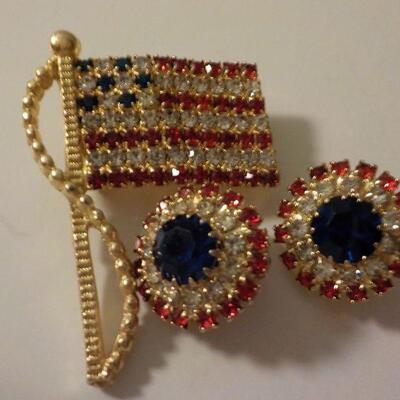 Hi Fashion Costume jewelry American Flag pin and clip on ear rings.