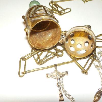 " Religious Ceremony Incense Burner and cross with sterling chain.