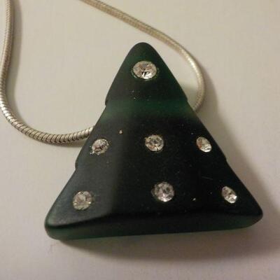 " Sterling  Necklace with green triangle with stones, Navaho Necklace.