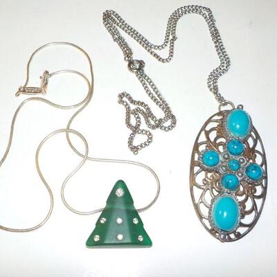 " Sterling  Necklace with green triangle with stones, Navaho Necklace.