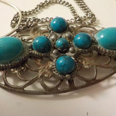 " Sterling  Necklace with green triangle with stones, Navaho Necklace.