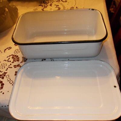 Vintage Enamelware Rectangular Metal Container with Lid
