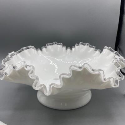 White Ruffled Silver Crested Glass Epergne Flower Bowl Vase
