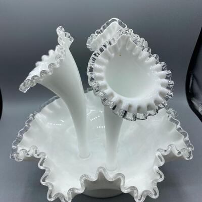 White Ruffled Silver Crested Glass Epergne Flower Bowl Vase