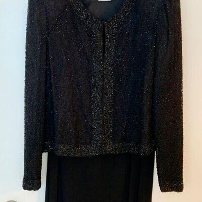 IDT 10   VINTAGE 2 PC BLACK EVENING OUTFIT  BEADED JACKET LONG PENCIL SKIRT