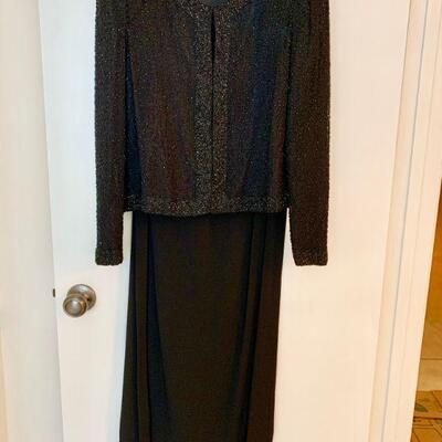 IDT 10   VINTAGE 2 PC BLACK EVENING OUTFIT  BEADED JACKET LONG PENCIL SKIRT