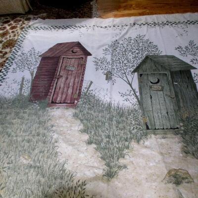 Bathroom Set: Green Clothes Hamper, His & Her Outhouse Shower Curtain, and  a Chrome Soap Dish