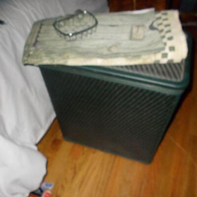 Bathroom Set: Green Clothes Hamper, His & Her Outhouse Shower Curtain, and  a Chrome Soap Dish