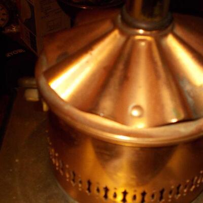 Pair of Vintage Copper, Brass and Glass Table Lamps on a Wooden Base