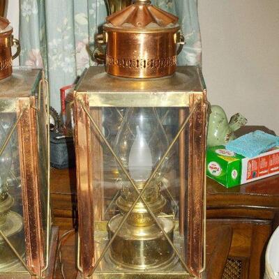 Pair of Vintage Copper, Brass and Glass Table Lamps on a Wooden Base