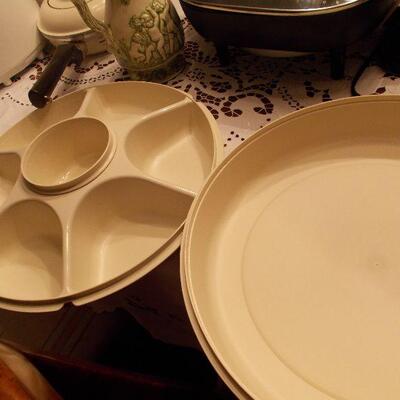 Rival Electric Fryer, Tupperware Covered Dip and Veggie Server, and a Vintage Ceramic Green and White Pitcher