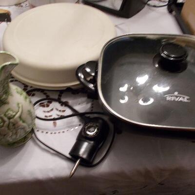 Rival Electric Fryer, Tupperware Covered Dip and Veggie Server, and a Vintage Ceramic Green and White Pitcher