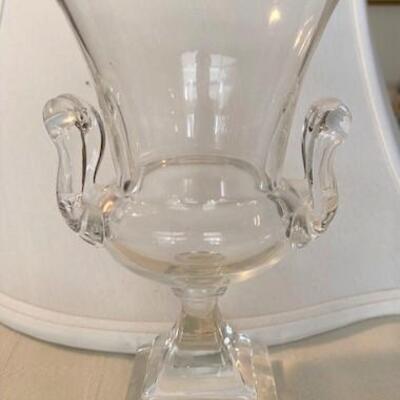 LOT#30LR: Signed Steuben Clear Glass Vase with Scroll Handles