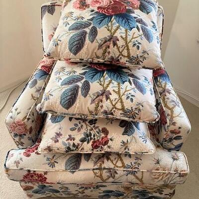 LOT#74MB: Custom Upholstered Chair with 3 Pillows