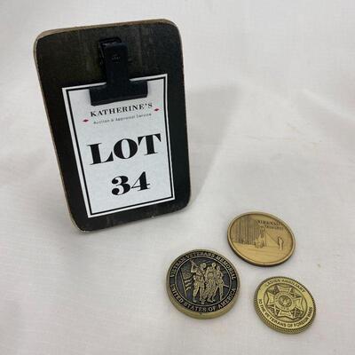.34. Two Vietnam Memorial Coins + Ladies Auxiliary Coin