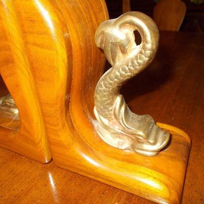 Pair of Cherry Bookends with Solid Brass Fish 