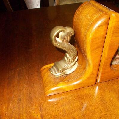 Pair of Cherry Bookends with Solid Brass Fish 