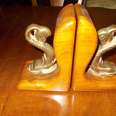 Pair of Cherry Bookends with Solid Brass Fish 