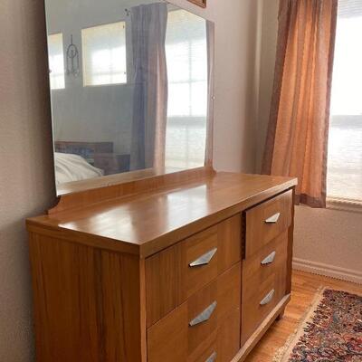 Mid century modern light wood six drawer dresser with mirror
