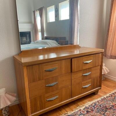 Mid century modern light wood six drawer dresser with mirror