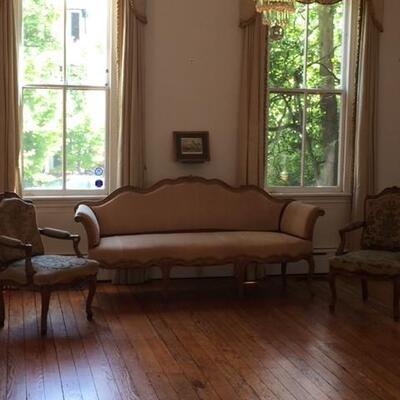 French pear wood couch with beige velvet covering- excellent condition