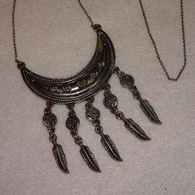 Crescent Mood & Feather Ethnic Necklace 